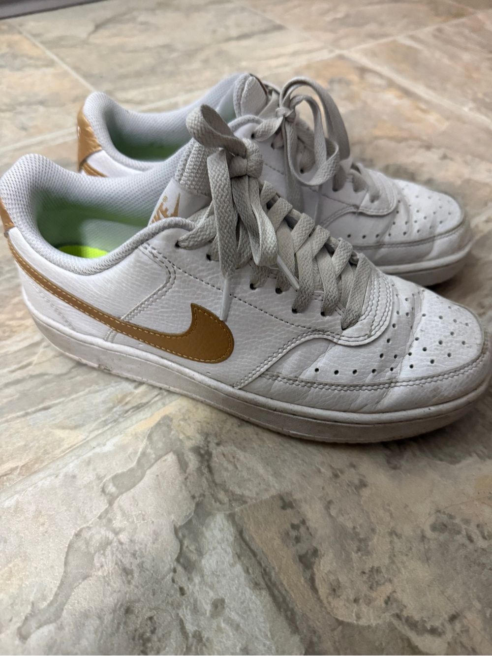 Nike White Sneakers with Gold Logo and Lime Insole